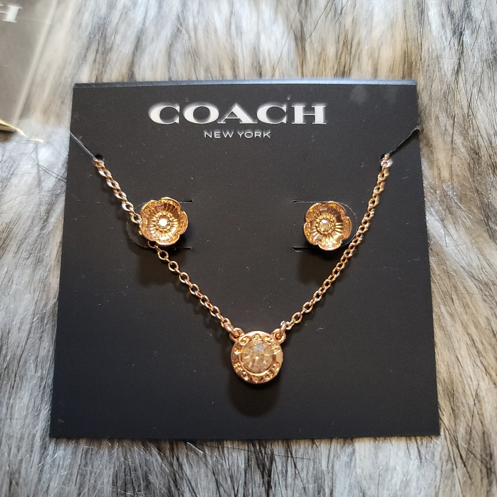 Coach brand rose gold tea rose stud and necklace set.
